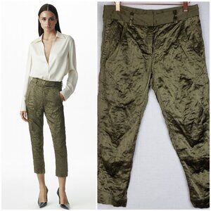 Vera Wang Designer Puckered Silk Metallic Crop Pants Trousers Olive Green size 6